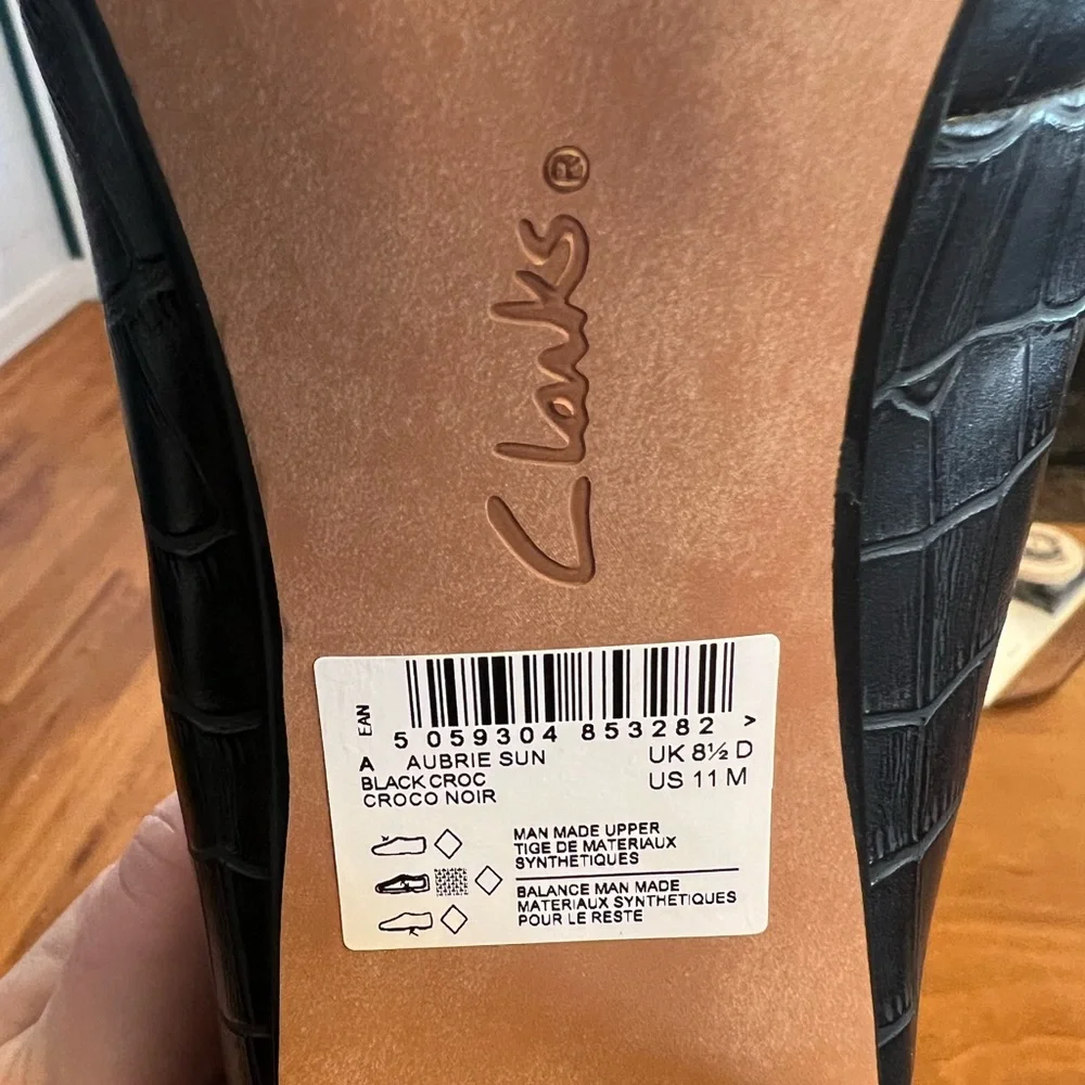 Women’s Clarks Aubrie Sun Pump. 2.75” heel, black croc leather